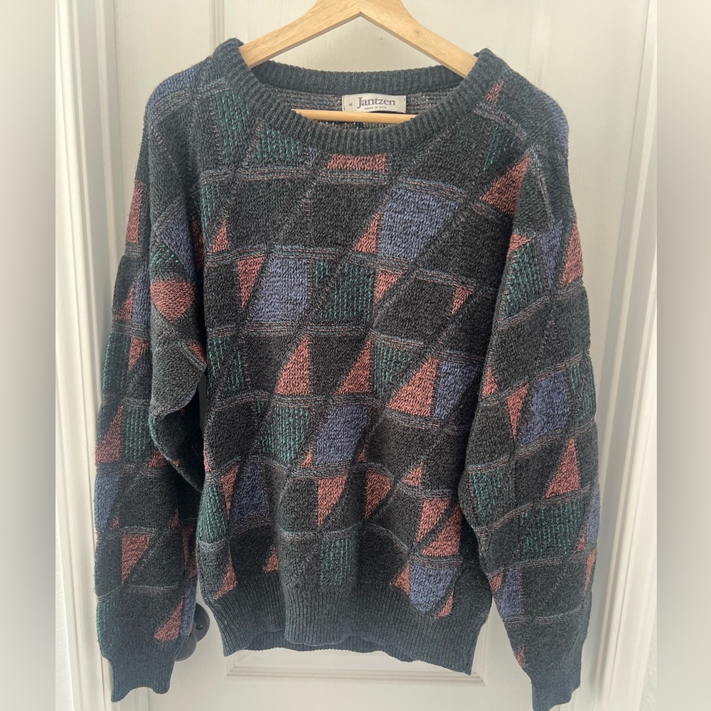 Vintage Jantzen 90s Sweater sz M Oversized Black Pink Blue Turquoise